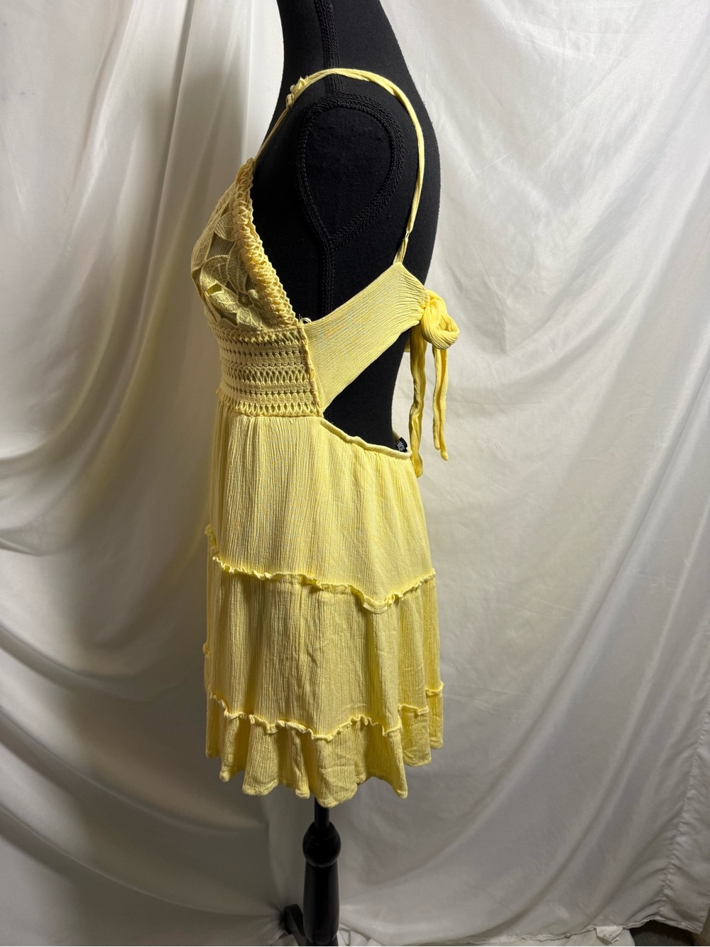 270) Streetwear Society Yellow Lace Tiered Mini Dress | Boho Summer Sundress - Picture 6 of 11
